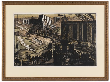 ALEKSEI KRAVCHENKO (RUSSIAN, 1889-1940) "CONSTRUCTION OF DNEIPRESTROI" WOODCUT PRINT