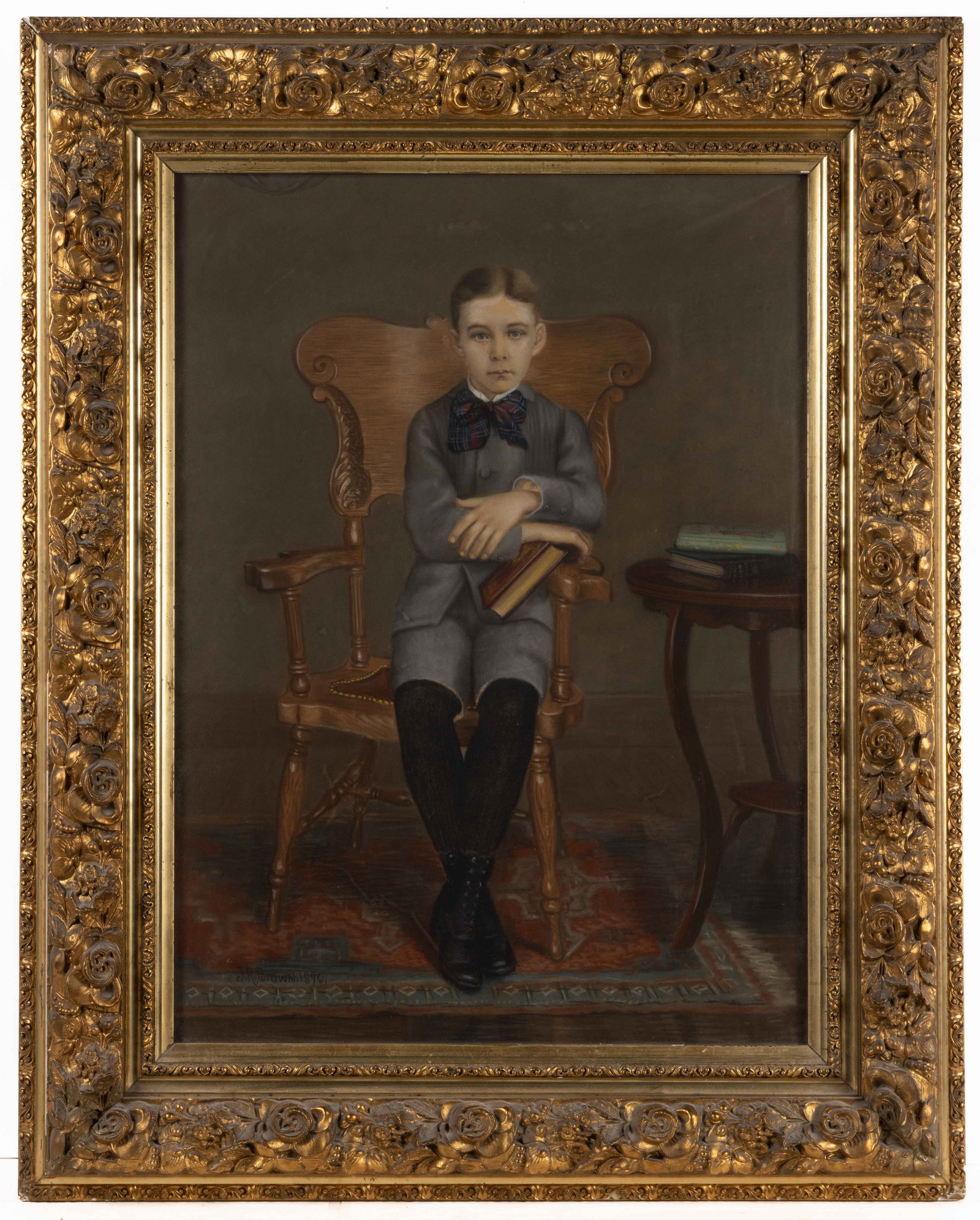 AMERICAN OR BRITISH SCHOOL (LATE 19TH CENTURY) PORTRAIT OF A CHILD: AMERICAN OR BRITISH SCHOOL (LATE 19TH CENTURY) PORTRAIT OF A CHILD, pastel on paper laid on canvas, a detailed full-length depiction of a boy wearing woolen Eton-style suit with plaid bow tie and blac