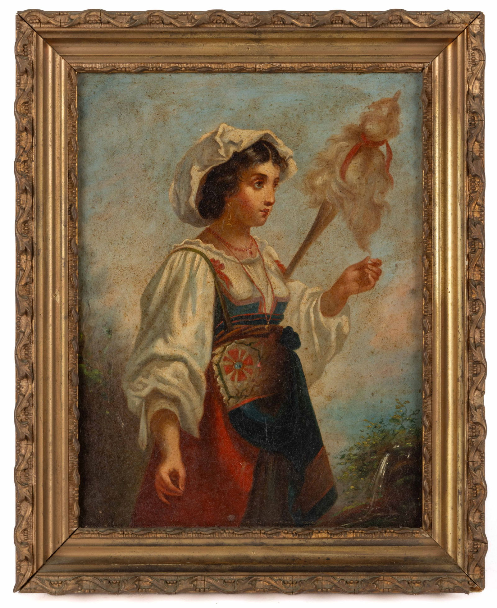 CONTINENTAL SCHOOL (19TH CENTURY) PORTRAIT OF A WOMAN: CONTINENTAL SCHOOL (19TH CENTURY) PORTRAIT OF A WOMAN, oil on canvas, a three-quarter length depiction of a young woman, probably a spinstress, in colorful attire and white bonnet holding a