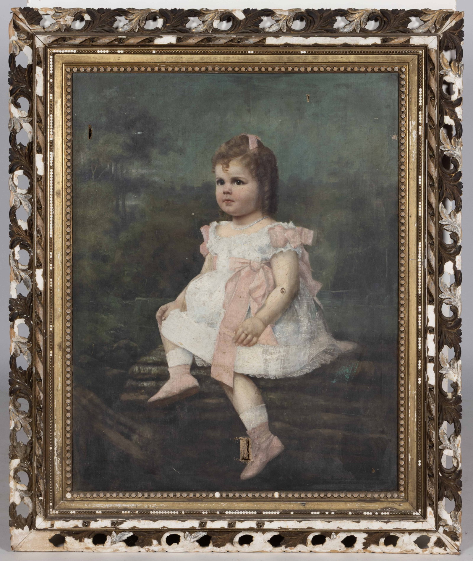 AMERICAN SCHOOL (19TH CENTURY) PORTRAIT OF A YOUNG GIRL: AMERICAN SCHOOL (19TH CENTURY) PORTRAIT OF A YOUNG GIRL, oil on canvas, depicting a toddler sitting in a white dress with a pink ribbon around her waist. No signature or identifying information locate