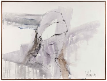 GINO HOLLANDER (AMERICAN, 1924-2015) "GIRL WITH SCARF ON PURPLE WASH" PORTRAIT