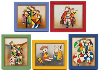 JOYCE ROYBAL (AMERICAN / EUROPEAN, B. 1955) "PUFFY PEOPLE" PAINTINGS, LOT OF FIVE