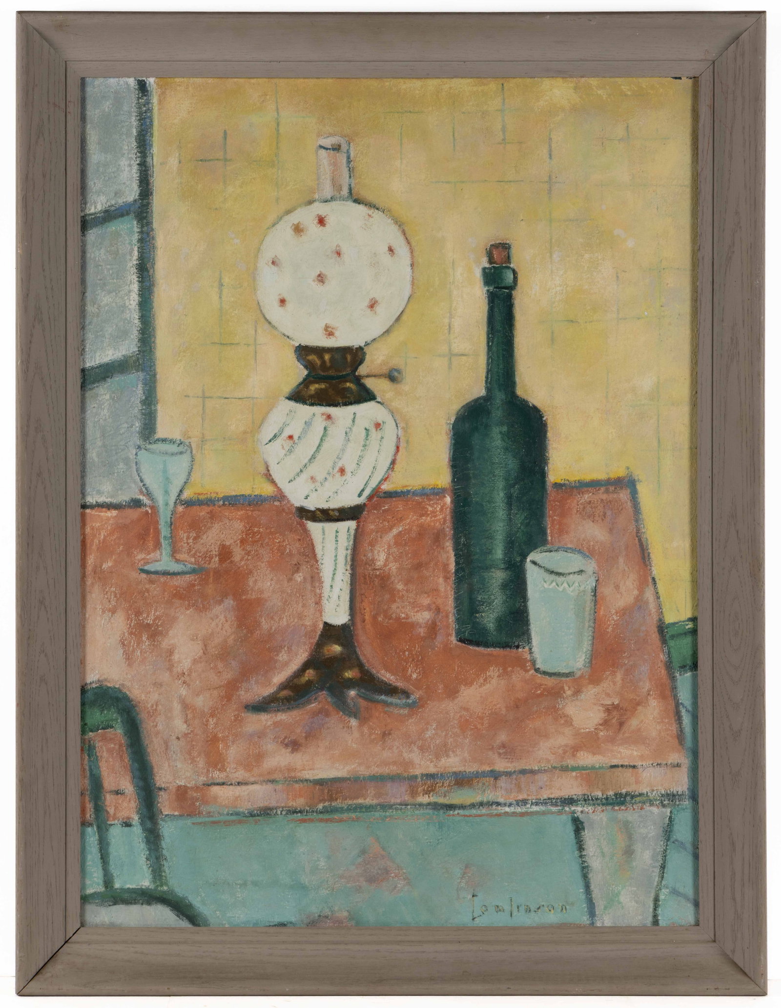 AMERICAN OR EUROPEAN SCHOOL (20TH CENTURY) POST-IMPRESSIONIST STILL LIFE PAINTING: AMERICAN OR EUROPEAN SCHOOL (20TH CENTURY) POST-IMPRESSIONIST STILL LIFE PAINTING, oil on artist's board, depicting a table with a kerosene lamp, a wine bottle, a wine glass, and a tumbler. Singed