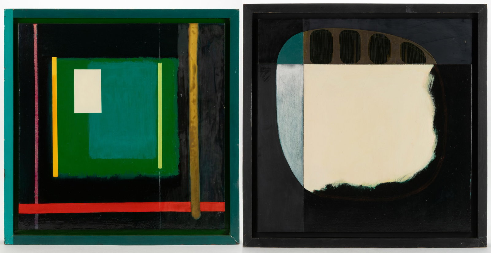 PAIR OF LUISA AREVALO-KLOSE (AMERICAN) MIXED-MEDIA ABSTRACT PAINTINGS: PAIR OF LUISA AREVALO-KLOSE (AMERICAN) MIXED-MEDIA ABSTRACT PAINTINGS, each on canvas and on panel, signed and dated verso. Dated 1988. Larger example 21 1/2" SQ.