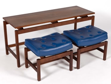 JENS RISOM FOR RICHBUILT MID-CENTURY MODERN WALNUT LOW TABLE AND MATCHING STOOLS, SET OF THREE