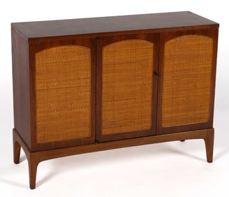 LAYNE RHYTHM MID-CENTURY MODERN WALNUT AND CANE DIMINUTIVE CABINET