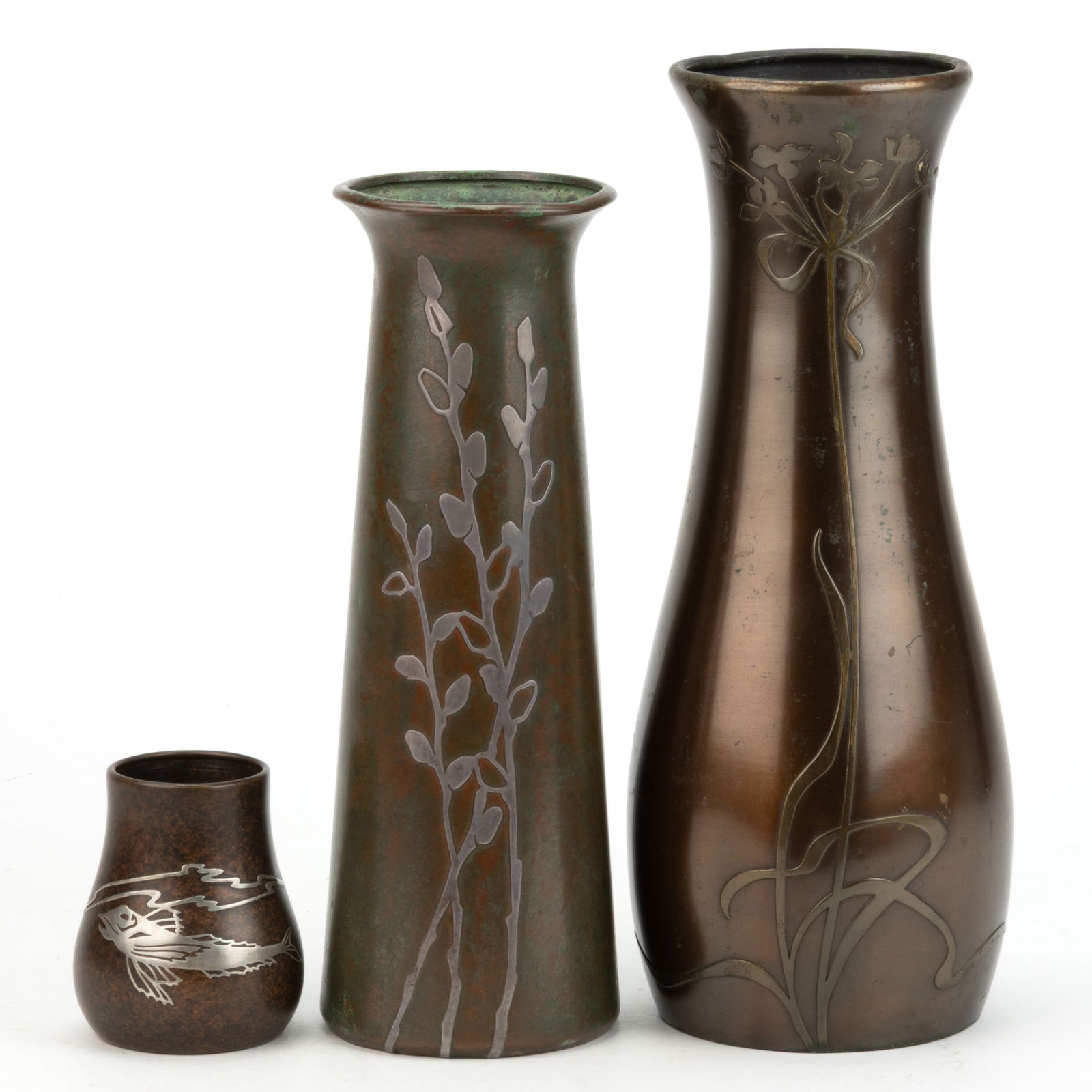 HEINTZ AND SILVERCREST ART NOUVEAU STERLING ON BRONZE VASES, LOT OF THREE (1 of 1)