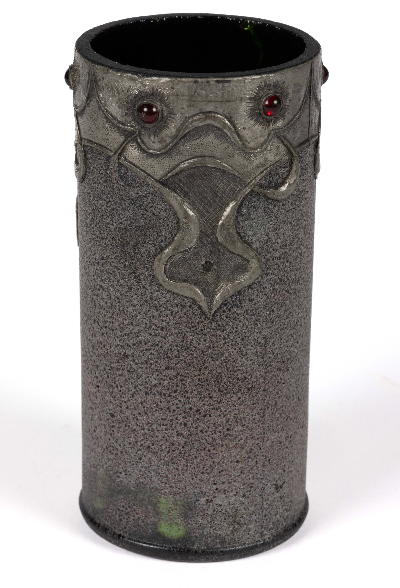 EUROPEAN, PROBABLY AUSTRIAN OR GERMAN, ART NOUVEAU SILVER OVERLAY ART GLASS VASE: EUROPEAN, PROBABLY AUSTRIAN OR GERMAN, ART NOUVEAU SILVER OVERLAY ART GLASS VASE, molded green mottled glass, with a strange thick pumice-like texture, with silver-toned molded overlay decorated with