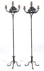 PAIR OF AMERICAN ARTS AND CRAFTS BRASS AND WROUGHT-IRON FLOOR CANDLESTANDS