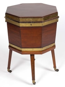 ENGLISH GEORGE III MAHOGANY AND BRASS WINE COOLER / CELLARETTE ON STAND