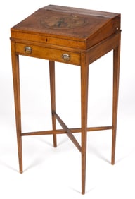 ENGLISH INLAID FRUITWOOD DIMINUTIVE DESK ON STAND