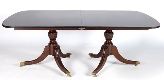 GEORGIAN-STYLE DOUBLE-PEDESTAL CARVED MAHOGANY DINING TABLE