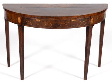 ENGLISH MARQUETRY INLAID DEMILUNE TABLE