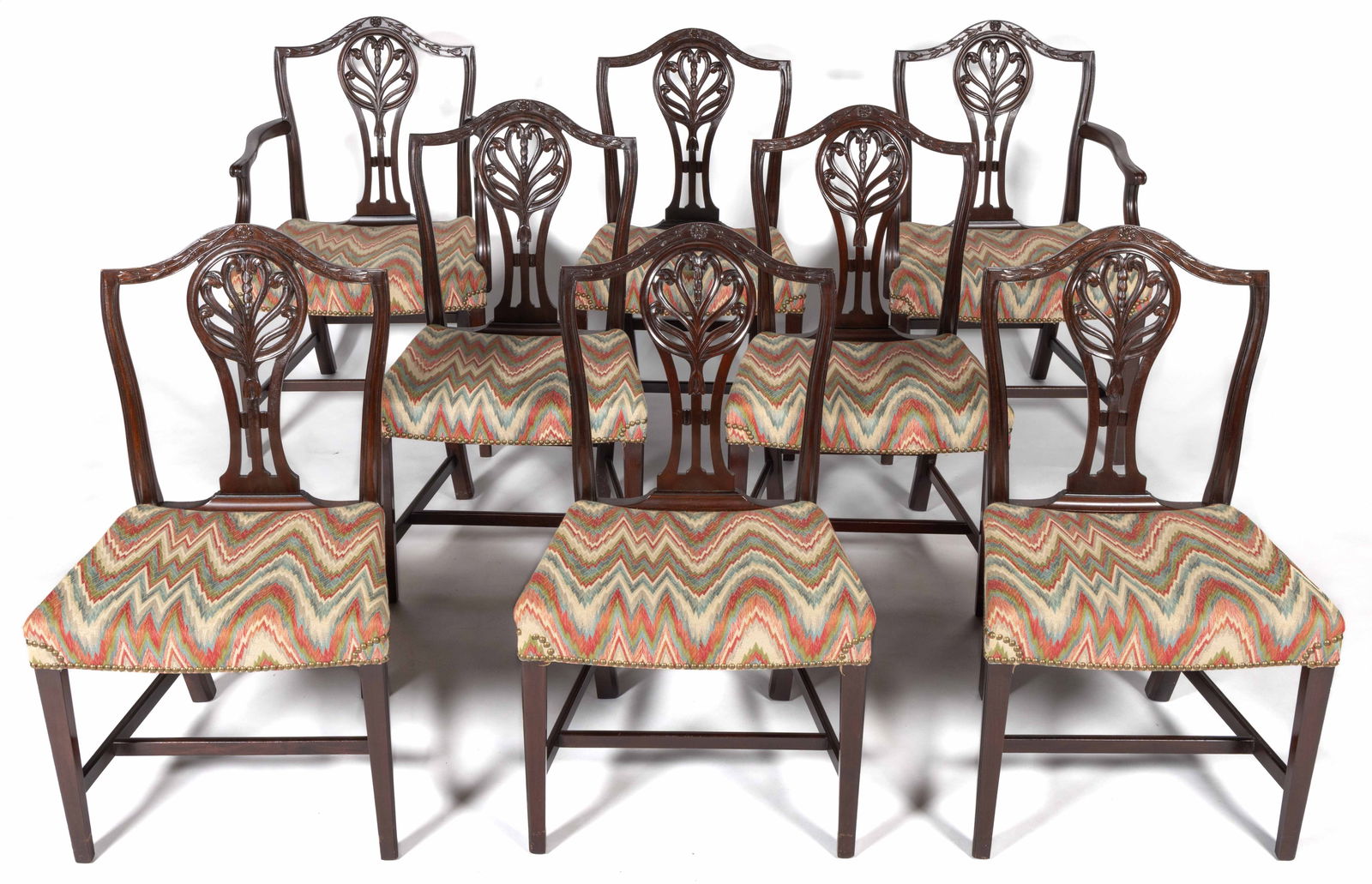 CONTEMPORARY CARVED MAHOGANY SHIELD-BACK DINING CHAIRS, LOT OF EIGHT (1 of 4)