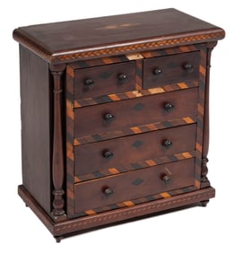 BRITISH INLAID MAHOGANY MINIATURE CHEST OF DRAWERS