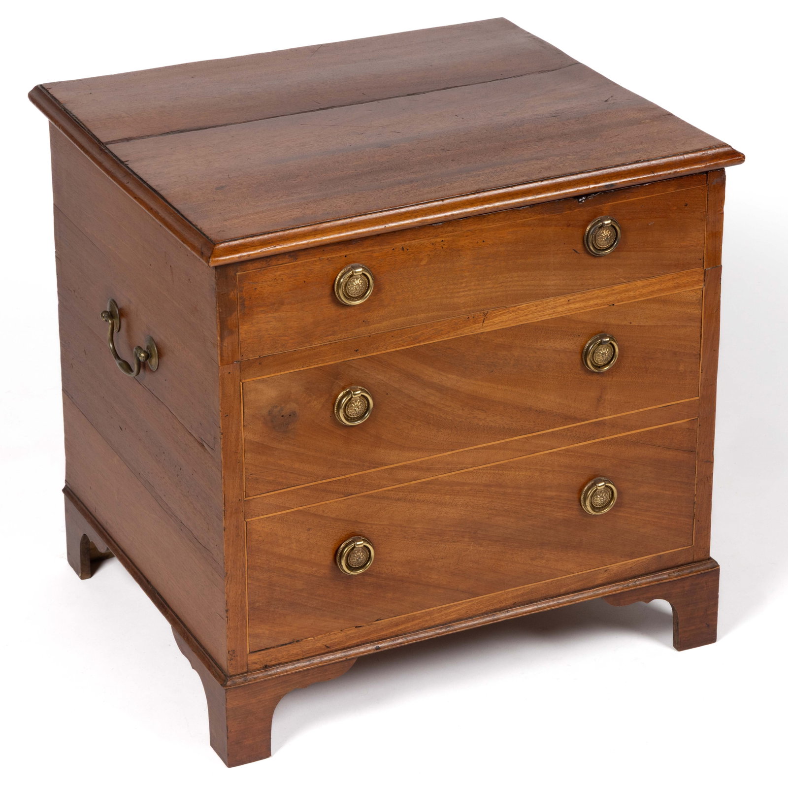 ENGLISH GEORGIAN INLAID MAHOGANY CHEST: ENGLISH GEORGIAN INLAID MAHOGANY CHEST, featuring false drawers, solid ends, and hinged lid concealing fitted interior, flanked by solid ends bearing brass handles, the whole raised on a cut-out brack