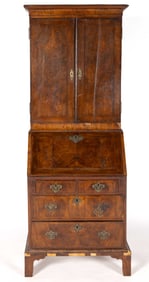 ENGLISH MAHOGANY AND BURLWOOD VENEERED SECRETARY DESK / DESK AND BOOKCASE