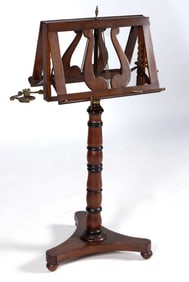 ENGLISH REGENCY MAHOGANY AND BRASS LYRE-BACKED ADJUSTABLE DUET MUSIC STAND WITH CANDLE HOLDERS