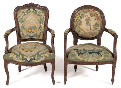 FRENCH LOUIS XV / XVI FAUTEUILS / ARMCHAIRS, LOT OF TWO