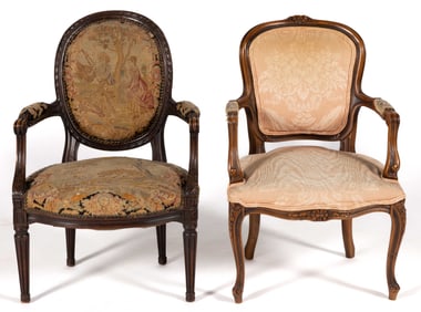 FRENCH LOUIS XV / XVI FAUTEUILS / ARMCHAIRS, LOT OF TWO