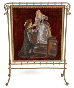 ENGLISH OR AMERICAN BRASS FIRE SCREEN WITH EMBROIDERED PANEL