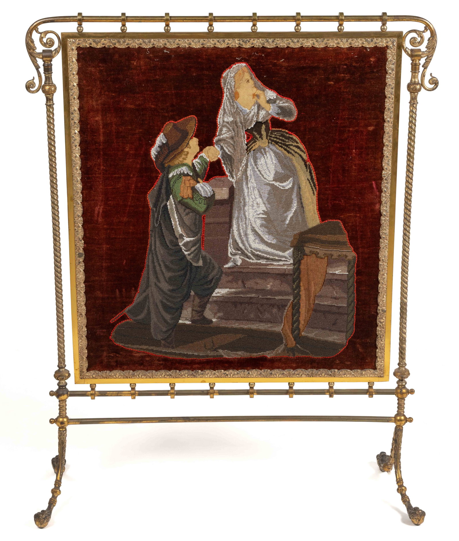 ENGLISH OR AMERICAN BRASS FIRE SCREEN WITH EMBROIDERED PANEL (1 of 3)