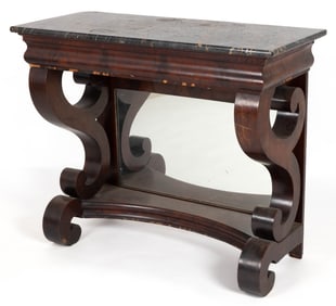 AMERICAN CLASSICAL MAHOGANY-VENEERED MARBLE-TOP PIER TABLE