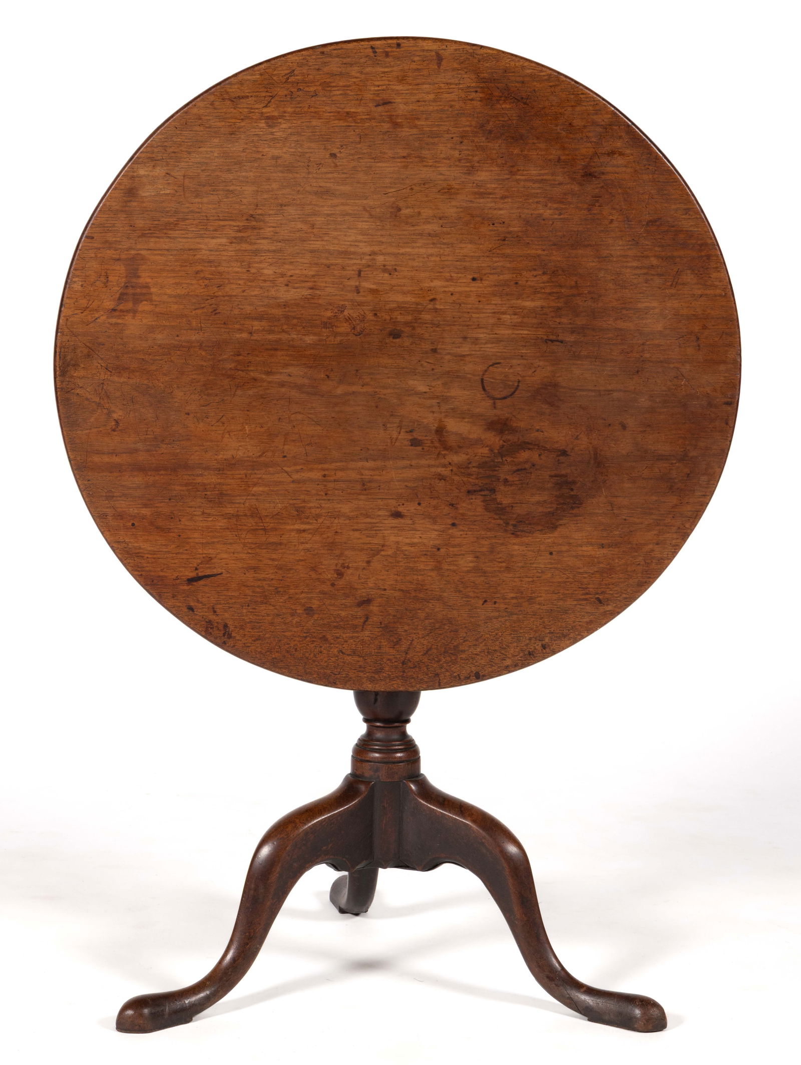 AMERICAN OR ENGLISH WALNUT QUEEN ANNE TILT-TOP TEA TABLE: AMERICAN OR ENGLISH WALNUT QUEEN ANNE TILT-TOP TEA TABLE, the round top with battens affixed to the underside over a simple baluster-form pedestal, raised on tripod base of cabriole legs terminat