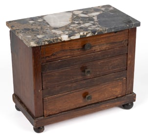 MINIATURE INLAID VENEERED WITH MARBLE-TOP THREE-DRAWER CHEST / APOTHECARY CABINET