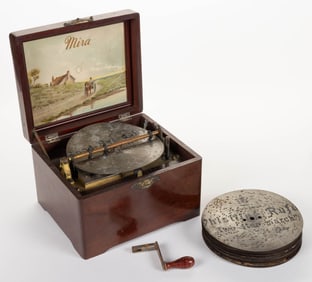 SWISS MAHOGANY MIRA TABLE-TOP DISC MUSIC BOX WITH DISCS
