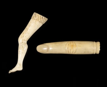 BRITISH / AMERICAN CARVED BONE OR SCRIMSHAW NOVELTY FIGURAL PIPE TAMPERS, LOT OF TWO