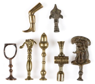 BRITISH / EUROPEAN BRASS FIGURAL NOVELTY PIPE TAMPERS, LOT OF SEVEN