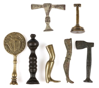 BRITISH / EUROPEAN BRASS FIGURAL NOVELTY PIPE TAMPERS, LOT OF SEVEN