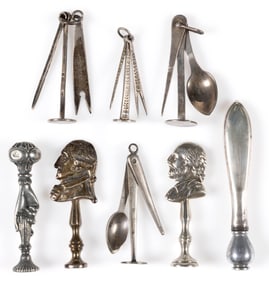 BRITISH / AMERICAN STERLING SILVER AND OTHER NOVELTY PIPE TAMPERS, LOT OF EIGHT