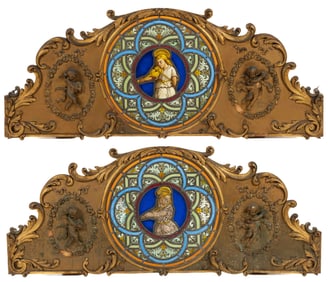ITALIAN GILDED FIGURAL GESSO AND STAINED LEADED GLASS TRANSOM WINDOW PANELS, PAIR