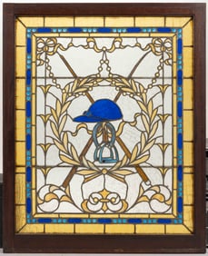 ANTIQUE ARTS AND CRAFTS LEADED AND SLAG EQUESTRIAN-THEMED STAINED GLASS WINDOW