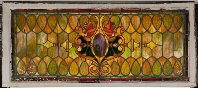 ANTIQUE LEADED AND SLAG GLASS WINDOW PANEL