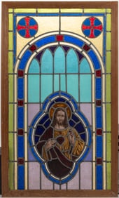 ANTIQUE LEADED AND STAINED RELIGIOUS GLASS WINDOW