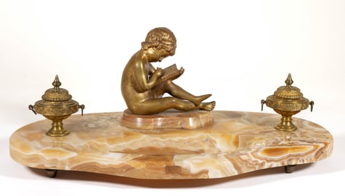 FRENCH GILT-BRONZE AND AGATE FIGURAL INKSTAND