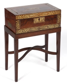 ENGLISH BRASS-INLAID FIGURED MAHOGANY LAP DESK ON STAND