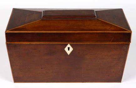 ENGLISH REGENCY INLAID AND MAHOGANY VENEER TEA CADDY