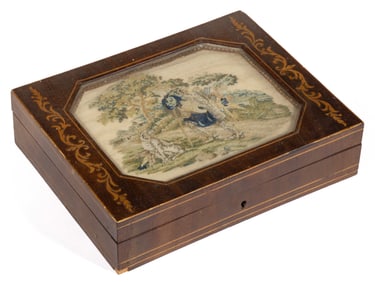 ENGLISH INLAID MAHOGANY AND PETIT POINT GAME / CARD BOX
