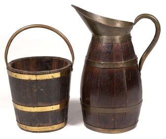 EUROPEAN, PROBABLY BRITISH, OAK AND BRASS PITCHER AND BUCKET