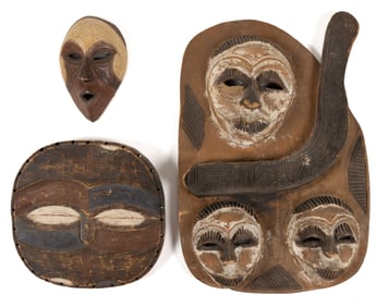 AFRICAN CARVED AND PAINTED WOODEN TRIBAL MASKS, LOT OF THREE