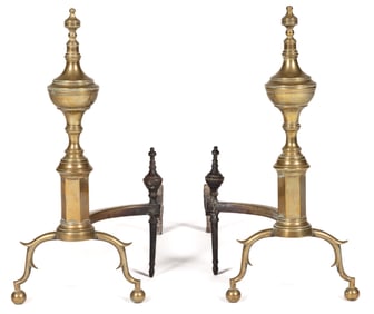 NEW YORK FEDERAL BRASS AND IRON PAIR OF ANDIRONS