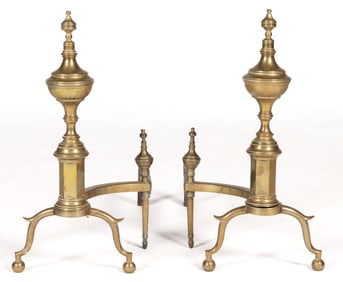 NEW YORK FEDERAL BRASS AND IRON PAIR OF ANDIRONS