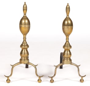 AMERICAN FEDERAL BRASS AND IRON PAIR OF ANDIRONS