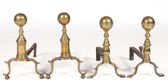 AMERICAN FEDERAL BRASS AND IRON ANDIRONS, LOT OF TWO PAIR