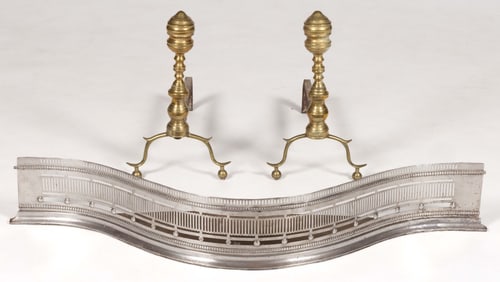 BRASS AND IRON FIREPLACE ANDIRONS AND FENDER, LOT OF THREE