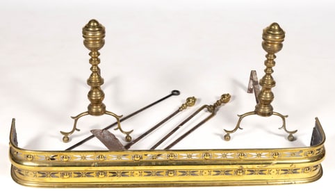 ASSORTED BRASS AND IRON FIREPLACE ASSEMBLY, SET OF SIX PIECES